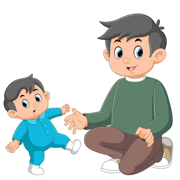Bebé Dando Los Primeros Pasos Padre Ilustración — Vector de stock