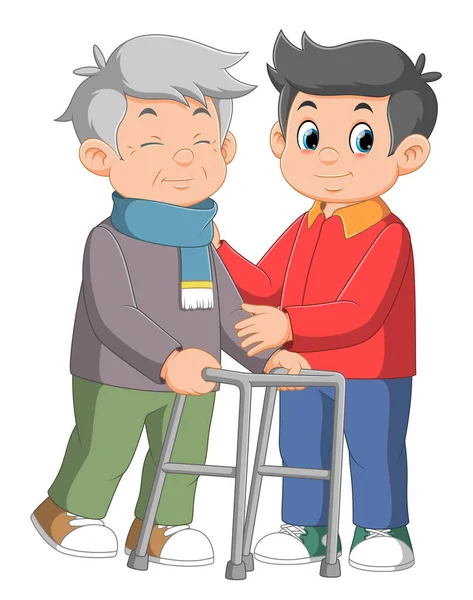 Adult Son Helping His Father Use Walker Illustration — Stock Vector
