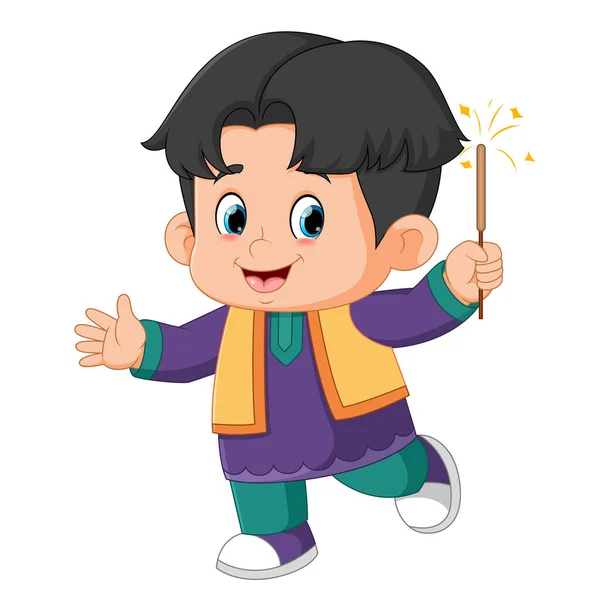 Indian Boy Holding Firework Character Design Diwali Festival Illustration — Stock Vector