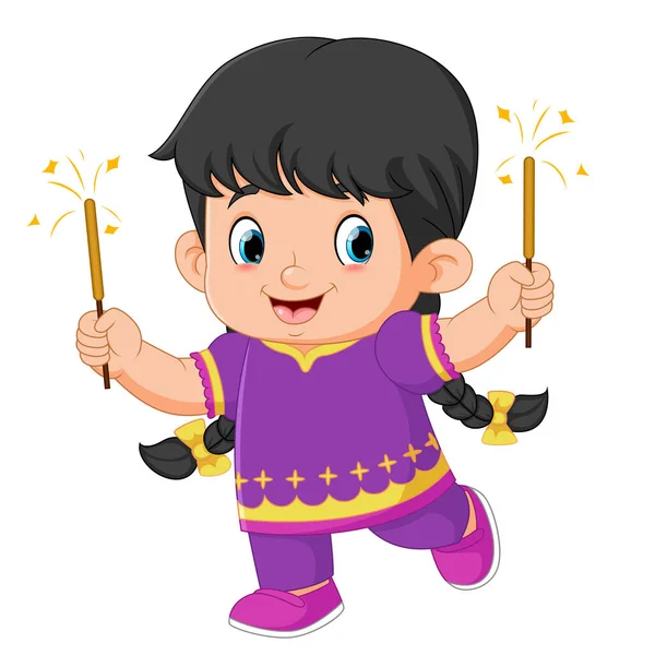Cute Indian Girl Holding Firework Character Design Diwali Festival Illustration — Stock Vector