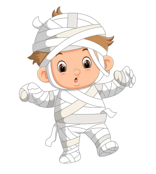 イラストのハロウィーンのミイラの衣装を身に着けている漫画の少年 — ストックベクタ
