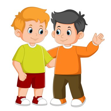 Çizgi film komik. İki küçük çocuk resimlere sarılıyor.