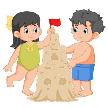 Çocuklar tropik illüstrasyon plajında kumdan kale yapıyorlar.
