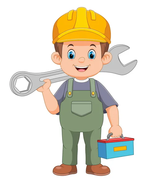 Happy Mechanic Man Holding Huge Wrench Service Illustration - Stok Vektor