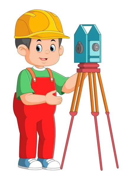 Young Man Working Total Station Theodolite Illustration — Stock Vector