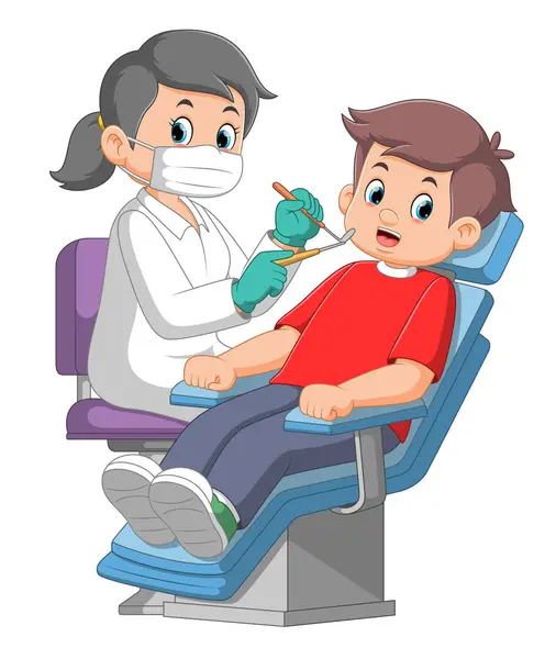 歯科医の女性は 楽器を保持し イラストの口の中を見ている患者男性の歯を調べます — ストックベクタ