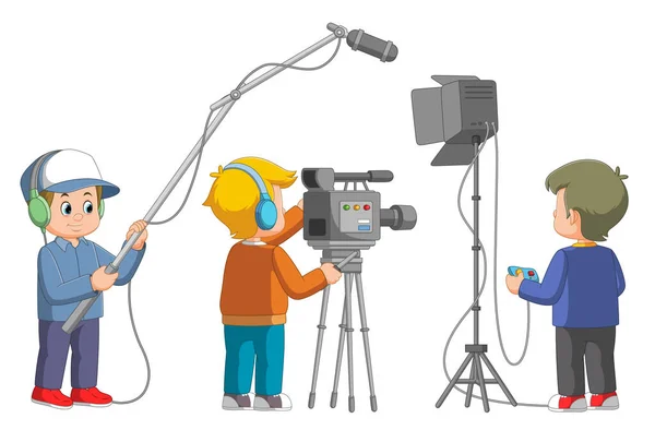 Camera Crew Cameraman Shooting Interview Illustration — Stock Vector
