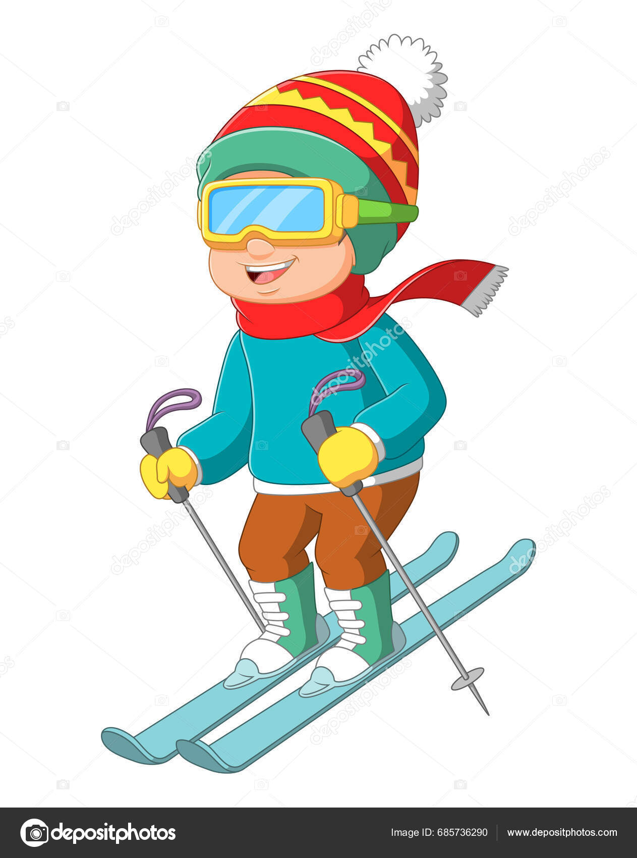 Cartoon Little Boy Skiing Downhill Illustration Stock Vector by ...