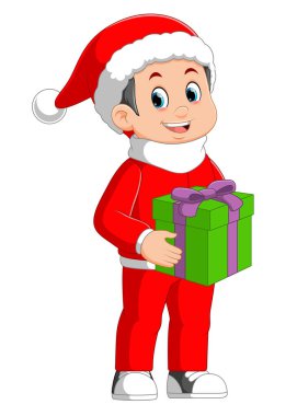 Çizgi filmdeki kırmızı elbiseli çocuk elinde bir illüstrasyon hediyesi tutuyor.