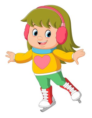 Kışlık giysiler giyen şirin küçük kız resimli buz pateni yapıyor.