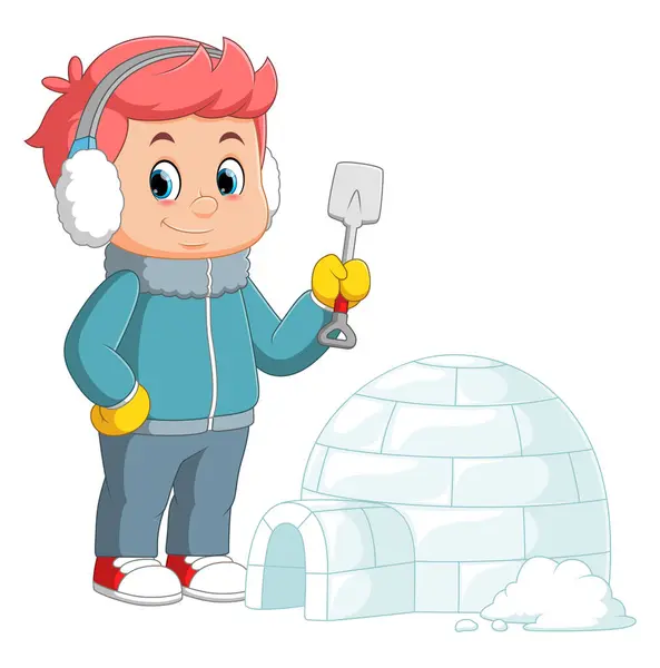Молодий Чоловік Будівництво Igloo Making House Ice Блоки Ілюстрації — стоковий вектор