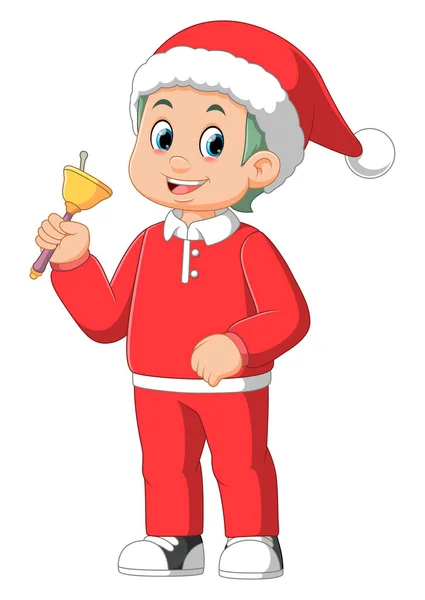 Little Boy Red Santa Clothes Ringing Bell Illustration — Stock Vector