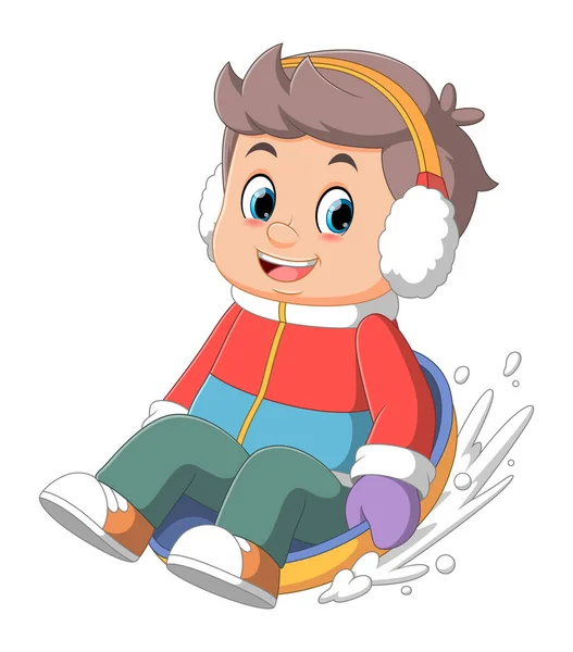 Cartoon Boy Kids Sledding Hill Illustration — Stock Vector