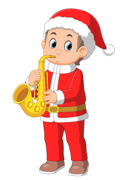 Cartoon Little Boy Red Santa Clothes Playing Golden Trumpet Illustration — Stock Vector