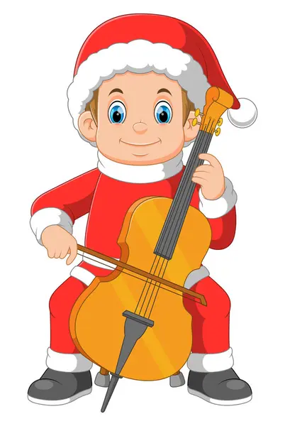 Cartoon Little Boy Red Santa Clothes Playing Cello Illustration — Stock Vector
