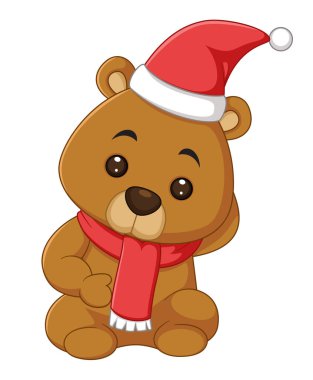 Kırmızı atkısı ve Noel Baba şapkası olan sevimli ayı neşeyle poz veriyor.