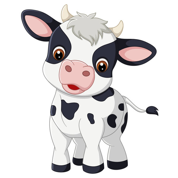 Cute cartoon cow smiles, showcasing big eyes and spots of illustration