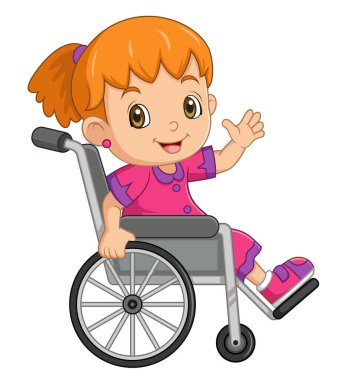 Küçük çocuk tekerlekli sandalyeye oturur ve resimle mutlu olur.