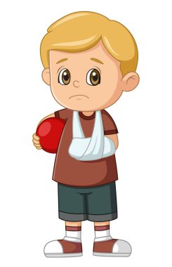 Çizgi filmdeki küçük çocuk kırık kollu ve elinde bir resim topu tutuyor.