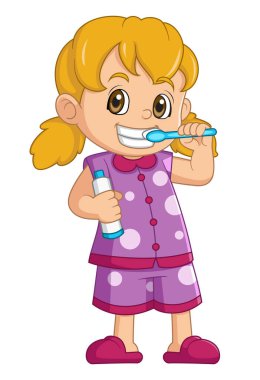 Çizgi filmdeki küçük kız resimlerin dişlerini fırçalıyor.