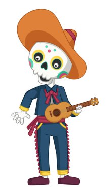 Ölüler Günü. İllüstrasyon müzik aletleriyle Mariachi iskelet bandı