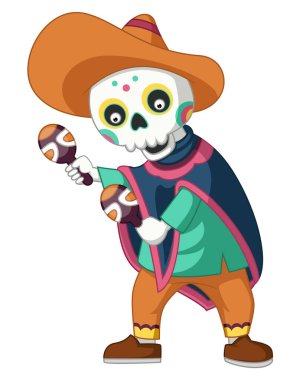 Meksikalı müzisyen iskeleti resimli marakas çalıyor