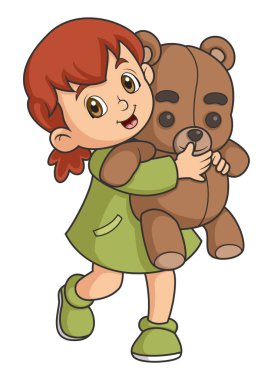 Çizgi filmdeki küçük kız, resimlerin büyük oyuncak ayısına sarılıyor.