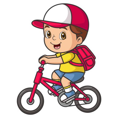 Mutlu küçük çocuk resimli bisiklete biniyor.
