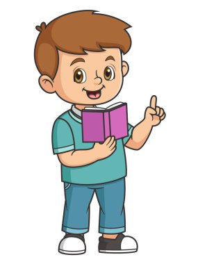 Elinde kitap tutan ve resimden bahseden sevimli küçük çocuk.