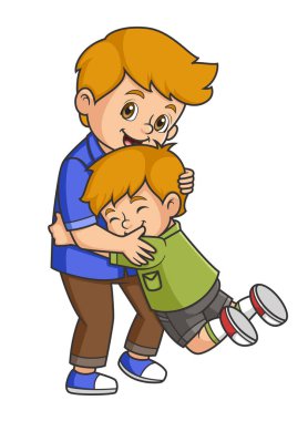 Bir çocuk resimli babasına sarılır.