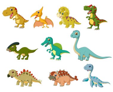 Dinozorlar hazır. Çizgi film antik sürüngenler, jurasik yırtıcılar ve illüstrasyonun otçulları.