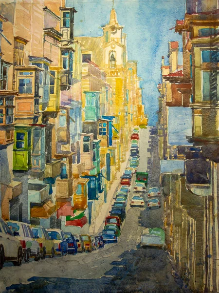 Valetta Malta Akvareller Papper Målning Sergio Kovalov — Stockfoto