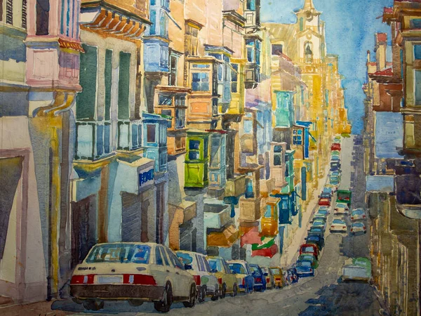 Valetta Malta Akvareller Papper Målning Sergio Kovalov — Stockfoto