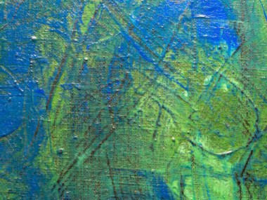 Soyut boyama arka planı sarı, yeşil ve mavi renklerde. Tablo üzerinde akrilik. Çadır bezi. Güzel sanat yüzeyi.