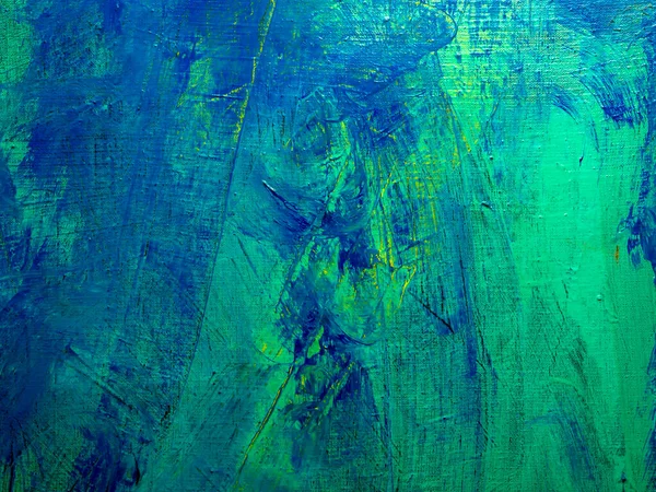 Abstract painting background in yellow, green and blue colours. Acrylic on canvas painting. Canvas texture. Fine art surface.