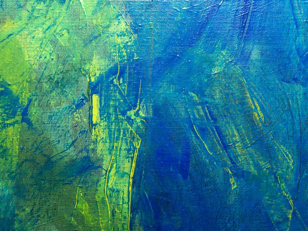 Absztrakt Festészet Háttér Sárga Zöld Kék Színekben Akril Vászonfestményen Vászontextúra — Stock Fotó