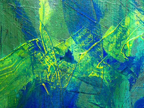 Abstract painting background in yellow, green and blue colours. Acrylic on canvas painting. Canvas texture. Fine art surface.