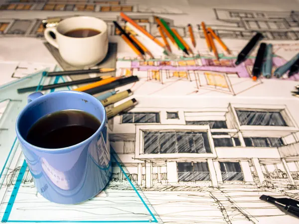 Filiżankę Kawy Stole Piję Kawę Projekt Architektoniczny Rysowanie Toku Rysuję — Zdjęcie stockowe