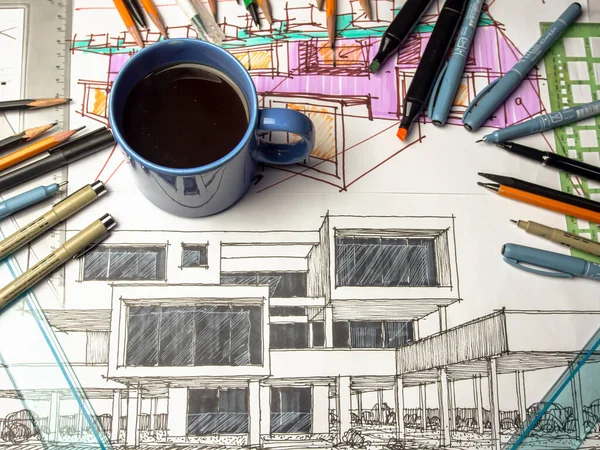Чашка Кави Столі Пити Каву Архітектурне Проектування Продовжуємо Малюнок Столі — стокове фото