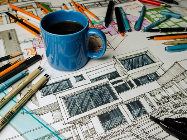 Чашку Кофе Столе Пью Кофе Архитектурное Проектирование Рисование Продолжается Рисунок — стоковое фото
