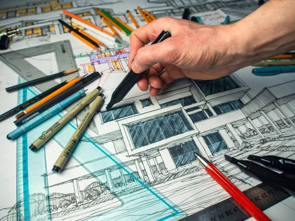 Архітектурне Проектування Продовжуємо Малюнок Столі Архітектурний Ескіз Ручна Робота Панель — стокове фото