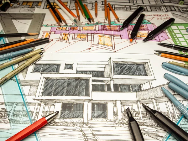 Архітектурне Проектування Продовжуємо Малюнок Столі Архітектурний Ескіз Ручної Роботи — стокове фото