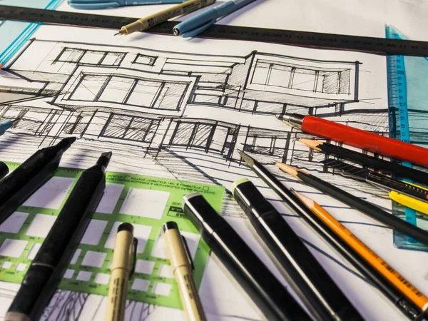 Архитектурное Проектирование Рисование Продолжается Рисунок Столе Архитектурные Наброски Рукоделие — стоковое фото
