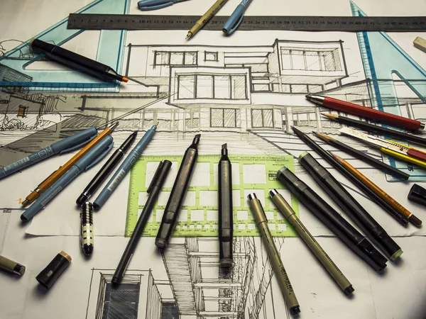 Architectural design. Drawing in progress. Drawing on the table. Architectural sketching. Handmade.