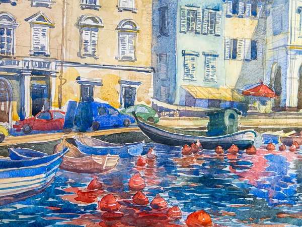 ボートや建築 水彩画の反射 紙の質感に水彩 水彩画の質感 — ストック写真