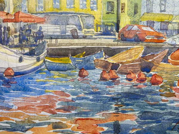 Reflektion Vatten Båtar Och Arkitektur Akvarellmålning Akvarell Papperskonsistens Textur Akvarell — Stockfoto