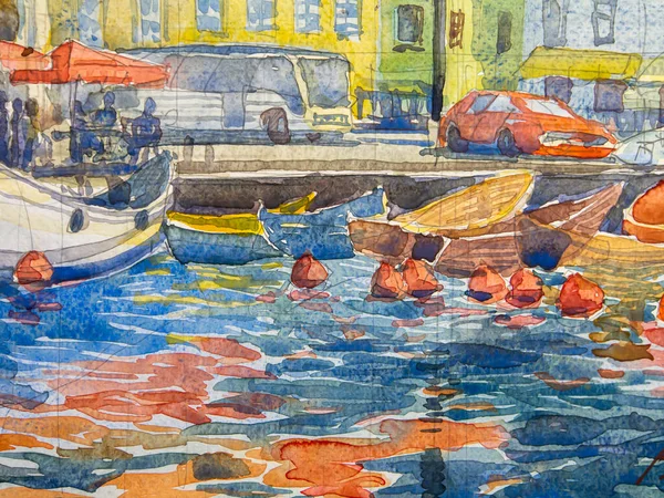 Reflection in water, boats and architecture, watercolor painting. Watercolor on paper texture. Texture of watercolor painting.