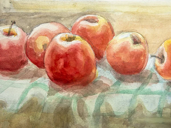 Rote Äpfel Auf Dem Tisch Aquarellmalerei Aquarell Auf Papier Textur — Stockfoto