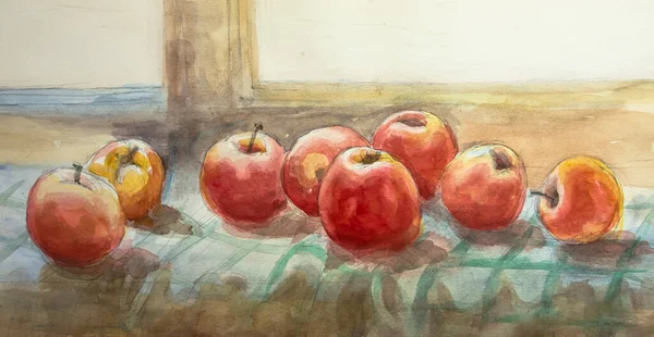 テーブルの上に赤いリンゴ 水彩画 紙の質感に水彩 水彩画の質感 — ストック写真