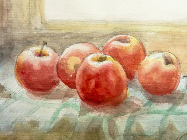 テーブルの上に赤いリンゴ 水彩画 紙の質感に水彩 水彩画の質感 — ストック写真